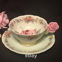 Crack Paragon Rose Flower Handle Tea Cup & Saucer Mint Green