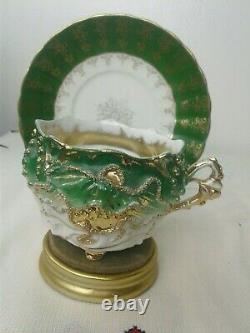 Darling Antique Footed Green Raised Heavy Gold Encrusted Teacup Saucer Numbered