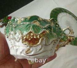 Darling Antique Footed Green Raised Heavy Gold Encrusted Teacup Saucer Numbered