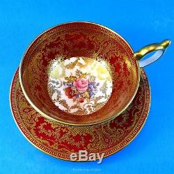 Deep Red and Gold Border with Signed JA Bailey Florals Aynsley Tea Cup & Saucer