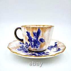 Doulton Burslem Floral Cup Saucer C1684 Fluted Cobalt Blue Brushed Gold Antique