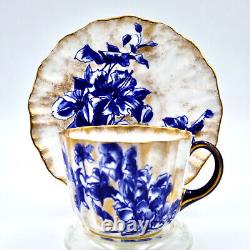 Doulton Burslem Floral Cup Saucer C1684 Fluted Cobalt Blue Brushed Gold Antique