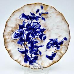 Doulton Burslem Floral Cup Saucer C1684 Fluted Cobalt Blue Brushed Gold Antique