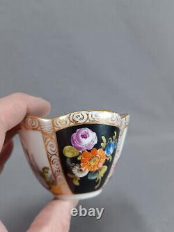 Dresden Hand Painted Watteau Scene Black Gold Quatrefoil Tea Cup & Saucer B
