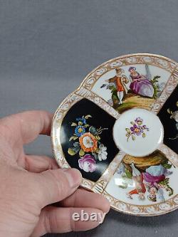 Dresden Hand Painted Watteau Scene Black Gold Quatrefoil Tea Cup & Saucer B