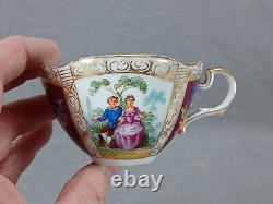 Dresden Hand Painted Watteau Scene Cranberry Gold Quatrerfoil Tea Cup & Saucer B