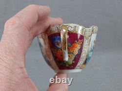 Dresden Hand Painted Watteau Scene Cranberry Gold Quatrerfoil Tea Cup & Saucer B