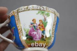 Dresden Hirsch Hand Painted Watteau Courting Couple Cobalt Gold Tea Cup & Saucer