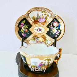 Dresden Meissen Style Quatrefoil Cup Saucer Hand Paint Lovers Germany Antique
