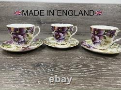 Duchess Fine Bone China Tea Cup & Saucer Pansies Gold Trim England Set Of 3