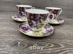 Duchess Fine Bone China Tea Cup & Saucer Pansies Gold Trim England Set Of 3