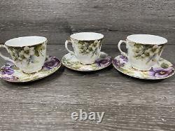 Duchess Fine Bone China Tea Cup & Saucer Pansies Gold Trim England Set Of 3