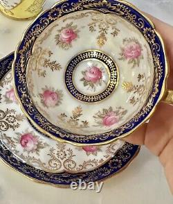 EXC Antique HP Cauldon China Floral Gilt Tea Cup & Saucer Roses