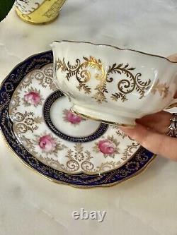 EXC Antique HP Cauldon China Floral Gilt Tea Cup & Saucer Roses