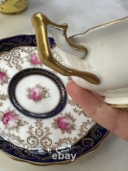 EXC Antique HP Cauldon China Floral Gilt Tea Cup & Saucer Roses