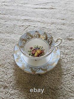 E B Foley Bone China Tea Cup Saucer Light Blue Flowers Fruit Gold Trim