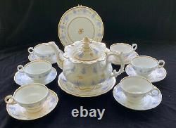 English Porcelain Tea Set c 1835 Teapot, Underplate, Cake Plate, 6 Cups/Saucers