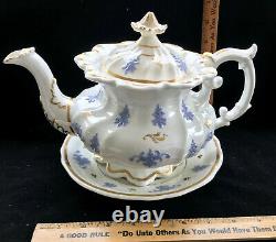 English Porcelain Tea Set c 1835 Teapot, Underplate, Cake Plate, 6 Cups/Saucers