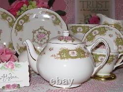 English Tea Set Green band Pink Roses Teapot, Tea cups, Saucers, Plates, vintage