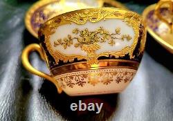 Epiag 2 Tea Cup And Saucer Set Pair Cobalt Raised Gold Encrusted Jeweled Rare