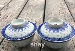Estate Antique Chinese Firefly Blue and White Rice Grain Tea Cup Set watermarks