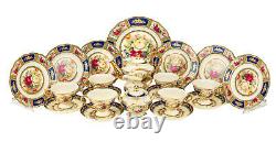 Euro Porcelain 24pc Roses Tea Cup Set Antique Blue 24K Gold Vintage Dining for 6