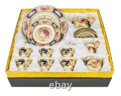 Euro Porcelain 24pc Roses Tea Cup Set Antique Blue 24K Gold Vintage Dining for 6