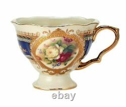 Euro Porcelain 24pc Roses Tea Cup Set Antique Blue 24K Gold Vintage Dining for 6