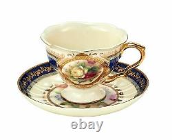 Euro Porcelain 24pc Roses Tea Cup Set Antique Blue 24K Gold Vintage Dining for 6