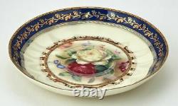 Euro Porcelain 24pc Roses Tea Cup Set Antique Blue 24K Gold Vintage Dining for 6
