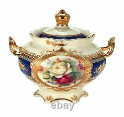 Euro Porcelain 24pc Roses Tea Cup Set Antique Blue 24K Gold Vintage Dining for 6