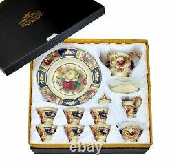 Euro Porcelain 24pc Roses Tea Cup Set Antique Blue 24K Gold Vintage Dining for 6