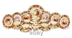 Euro Porcelain 24pc Roses Tea Cup Set Antique Red, 24K Gold Vintage Dining for 6