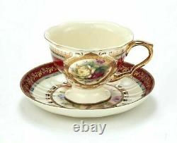 Euro Porcelain 24pc Roses Tea Cup Set Antique Red, 24K Gold Vintage Dining for 6