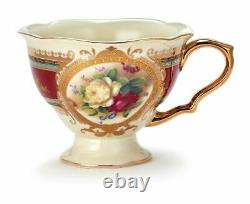 Euro Porcelain 24pc Roses Tea Cup Set Antique Red, 24K Gold Vintage Dining for 6