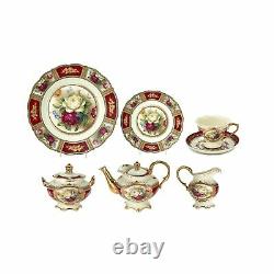 Euro Porcelain 24pc Roses Tea Cup Set Antique Red, 24K Gold Vintage Dining for 6