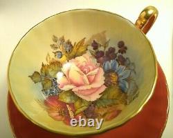 Excellent Aynsley Rust Cabbage Rose Cup and Saucer Signed Bailey LOVELY