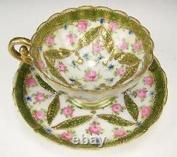 Exquisite Raised Gold Hand Painted Roses Swags Pedestal Tea Cup & Saucer Teacup
