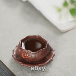 Full Handmade Tea Cup With Coaster Lotus Carved Real Yixing Zisha Master Cup Mat