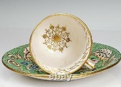 GORGEOUS Staffordshire Porcelain Tea Cup and Saucer Green Gold Floral c. 1848 B