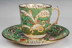 GORGEOUS Staffordshire Porcelain Tea Cup and Saucer Green Gold Floral c. 1848 B