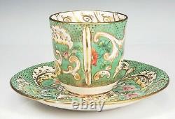 GORGEOUS Staffordshire Porcelain Tea Cup and Saucer Green Gold Floral c. 1848 B