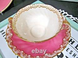 George Jones tea cup and saucer 1900s double handle pink & gold gilt teacup a/f