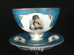 Gold Blue Sevres Style Josephine & Swag Floral Ribbons Crown N Teacup & Saucer