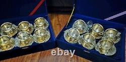 Gold Encrusted Gilt Brass Tea Cup And Saucer 12 Set Velvet Gift Box Floral Korea