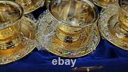 Gold Encrusted Gilt Brass Tea Cup And Saucer 12 Set Velvet Gift Box Floral Korea
