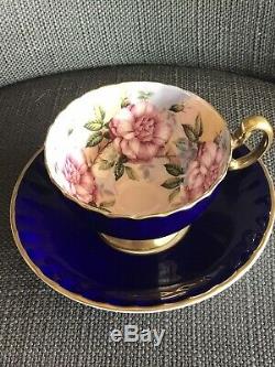 Gorgeous Aynsley Blue Cabbage Rose Bone China Footed Tea Cup Saucer, Paragon