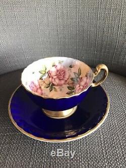 Gorgeous Aynsley Blue Cabbage Rose Bone China Footed Tea Cup Saucer, Paragon