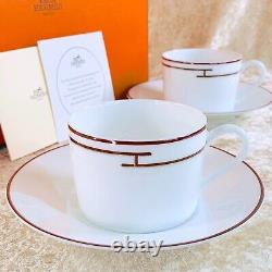 HERMES PARIS Tea Cup & Saucer Porcelain Rythme RHYTHM RED 2 Sets withBox