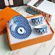 Hermes Porcelain Dual Tea Cup & Saucer Set Blue Mosaic Design In Gift Box